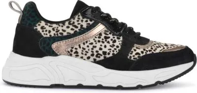 sneaker, dames, leopard patroon, leer/textiel, witte zool
