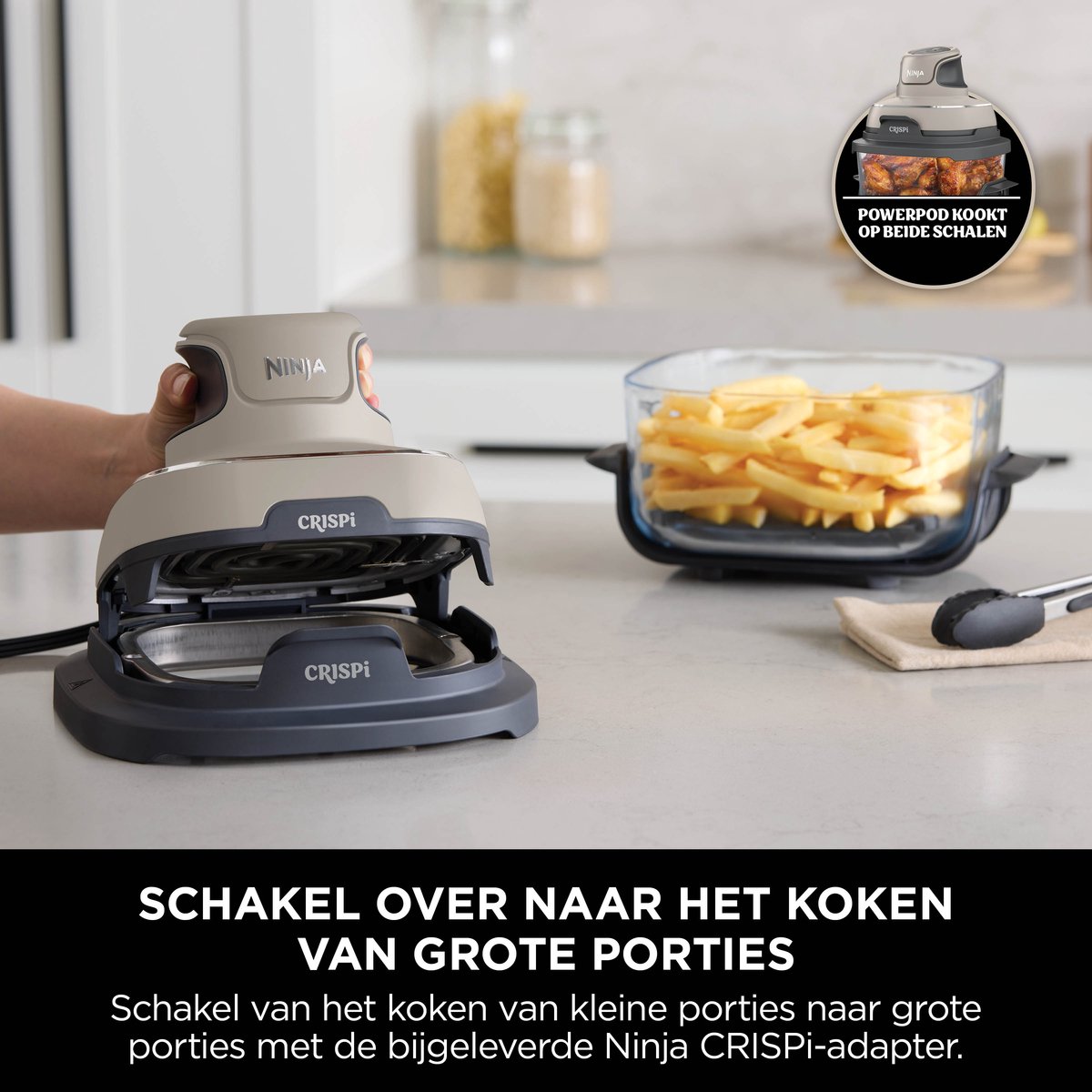 Ninja CRISPi 4-in-1 compact glazen kooksysteem - Airfryer, Roast, Recrisp, Keep Warm - Inclusief twee glazen schalen van 3.8L en 1.4L en bijpassende deksels - 2 Crisper-Plates - Grijs - FN101EUST