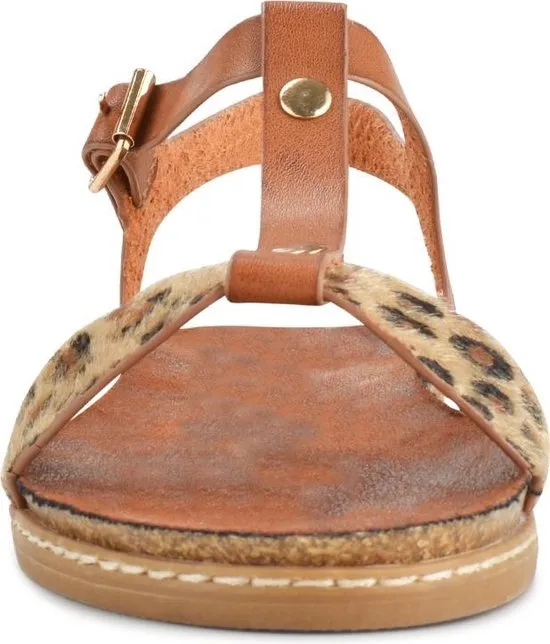 PS Poelman Dames Sandalen - Maat 40 - Brizo - Cognac Bruin met Luipaard Print