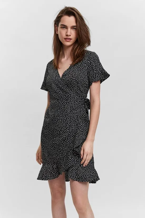 VERO MODA - Maat XS -  VMHENNA 2/4 WRAP FRILL DRESS NOOS - Bla - Dames