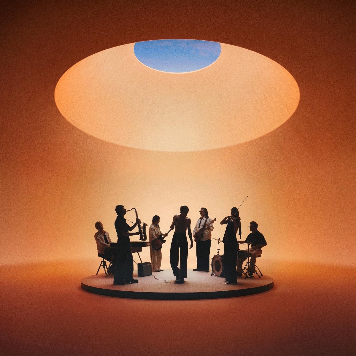 band, musicians, stage, orange, silhouette