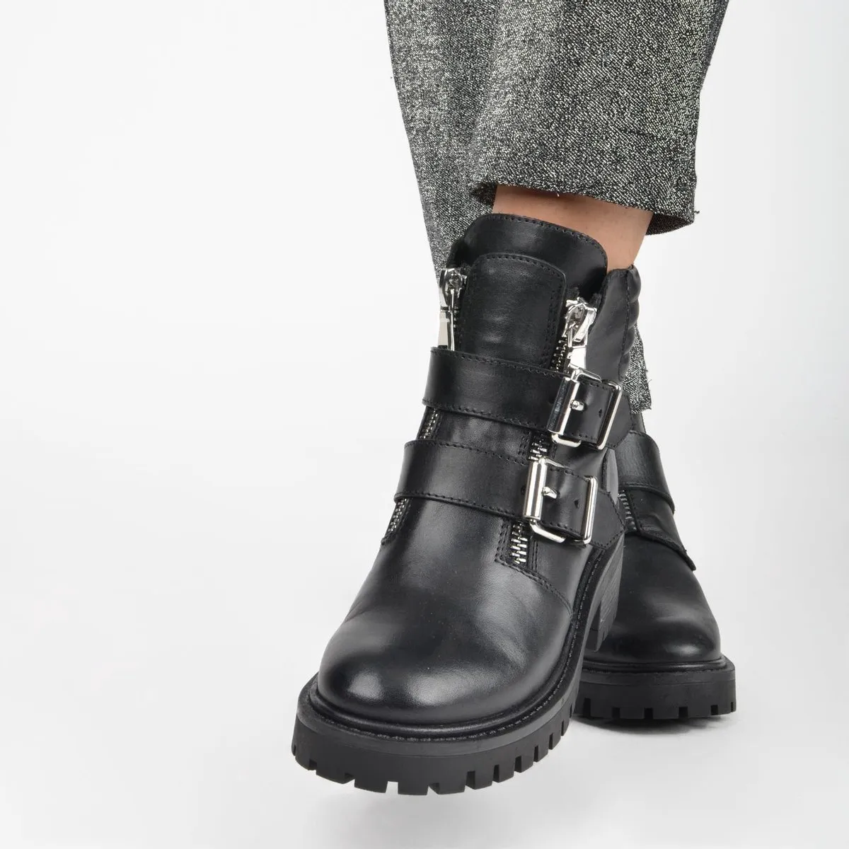 PS Poelman Klara Dames Leren Chunky Biker Boot  - mt 41 - met Gespen en Ritssluiting - Zwart