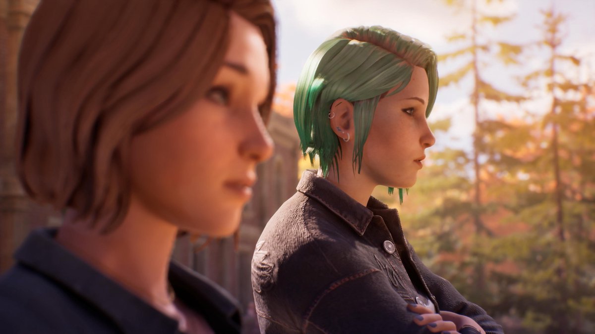 video game, character, groene haar, denim jas, buiten