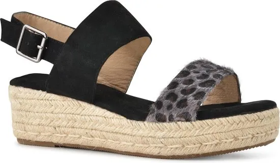 PS Poelman - Maat 40 - Dames Sandalen met Espadrille Zool - Iris - Zwart met Furry Luipaard Print