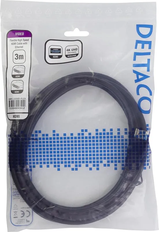 DELTACO HDMI-1030D-FLEX Flexibele HDMI-kabel, High Speed HDMI met Ethernet 4K, UltraHD bij 60 Hz, 3
