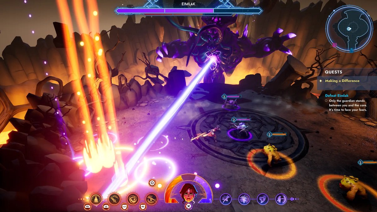 action RPG, boss fight, sci-fi arena, magic beam, combat UI