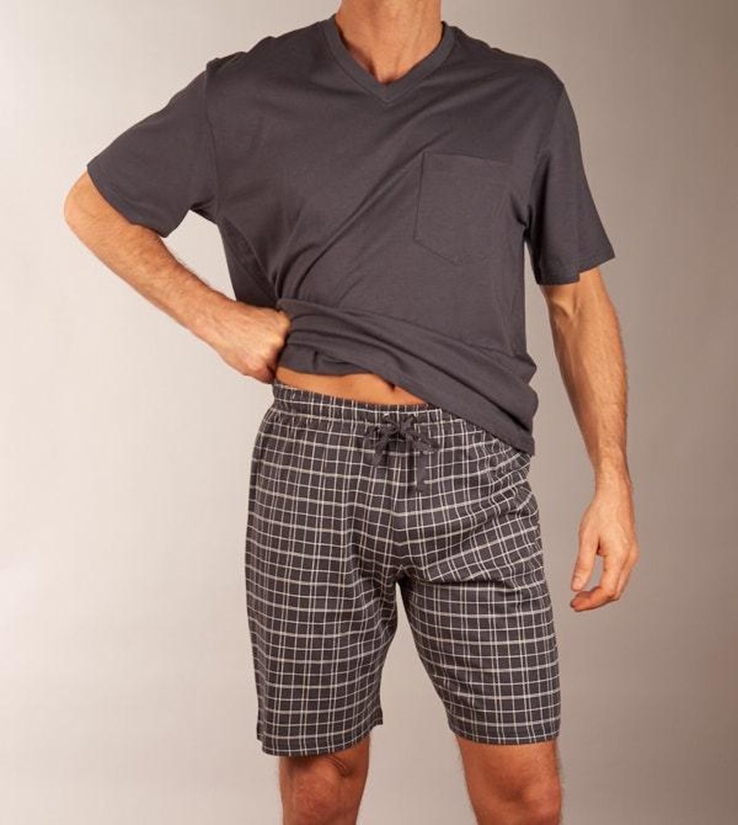 Schiesser - Maat L - Heren Shortama - Antraciet - V Hals