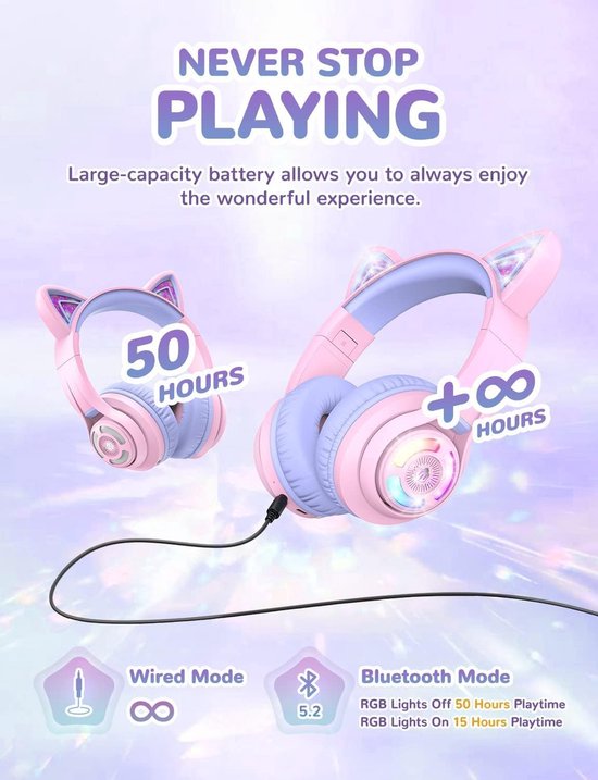 draadloze junior koptelefoon - met katten oortjes - volumebegrenzing - RGB led lights - microfoon -