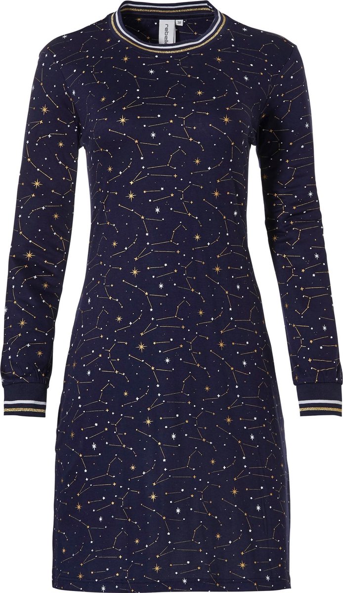 nachtblauw, jurk, sterrenconstellatie, korte-mouwen, patroon
