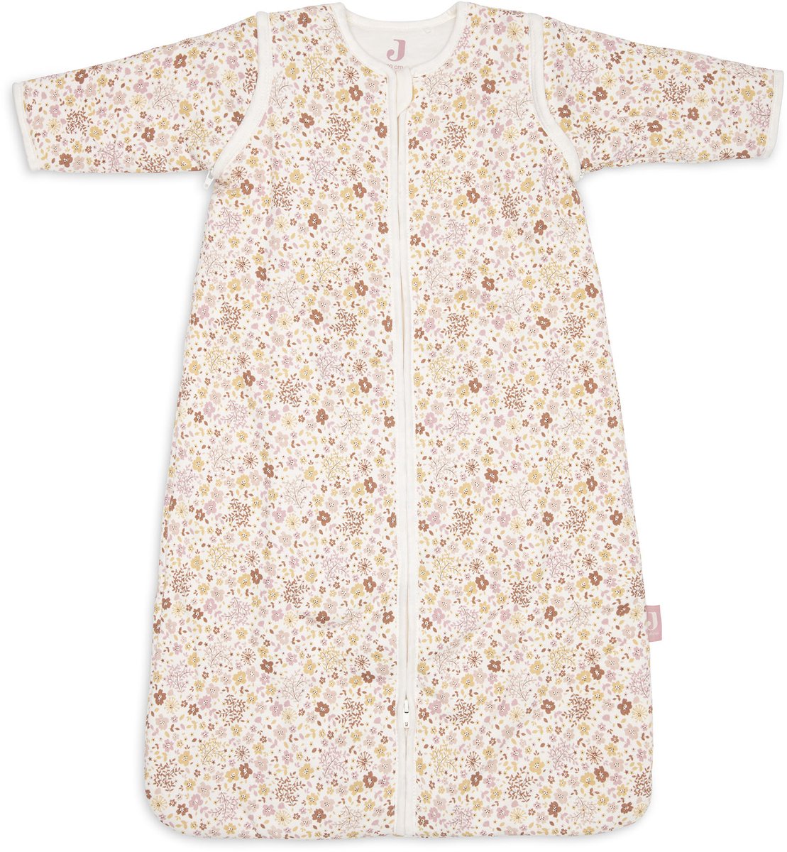 baby sleeping bag, floral pattern, zip closure, soft cotton, light pink