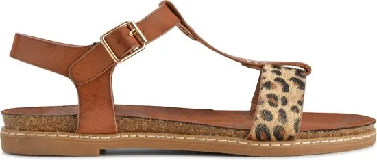 PS Poelman Dames Sandalen - Maat 40 - Brizo - Cognac Bruin met Luipaard Print