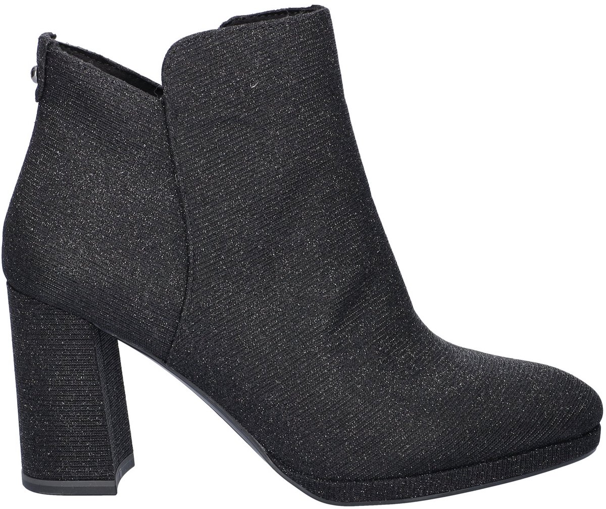 ankle boot, black boot, glitter texture, block heel, slip-on zipper