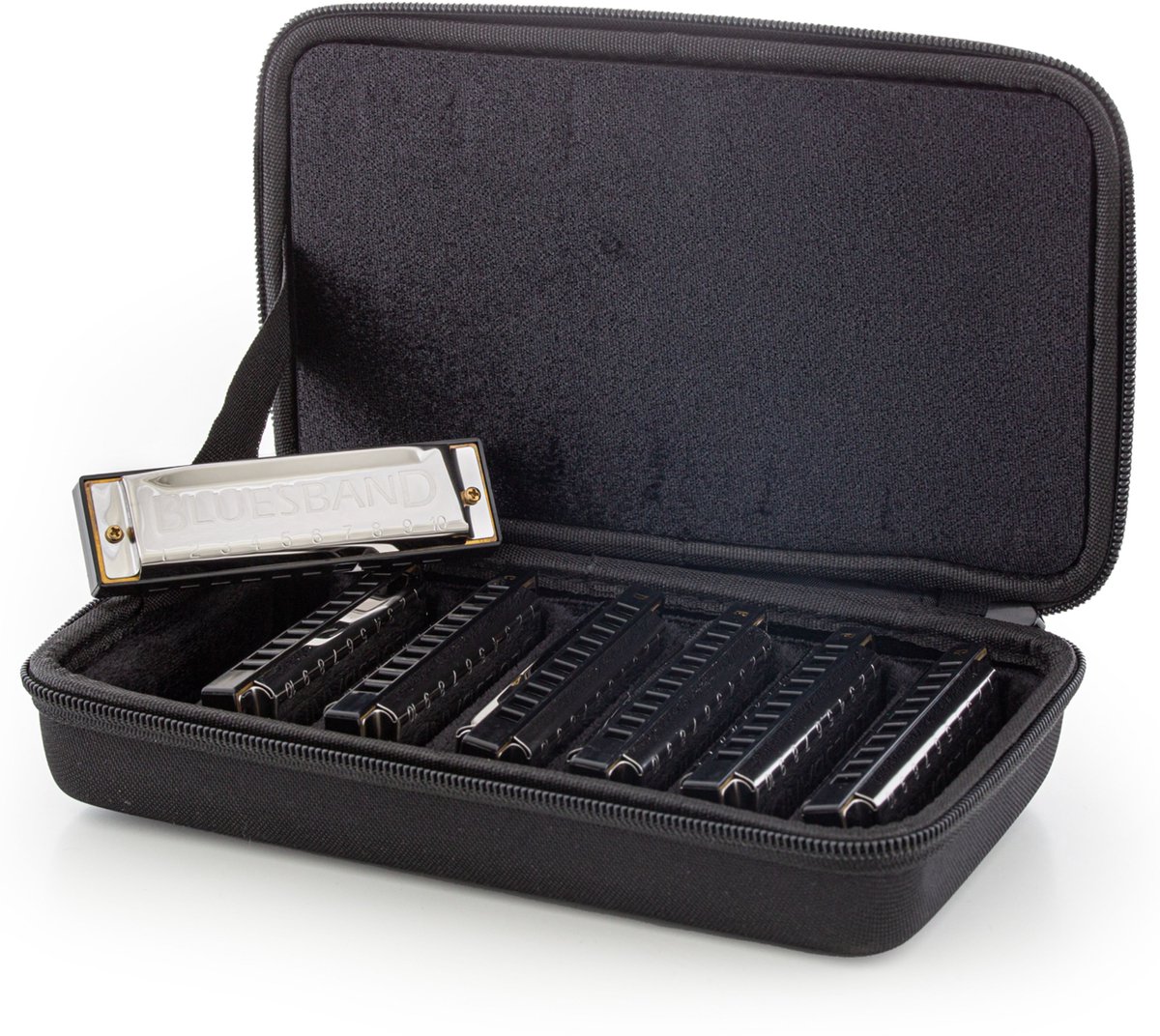 case, harmonica, metallic, black, zippered