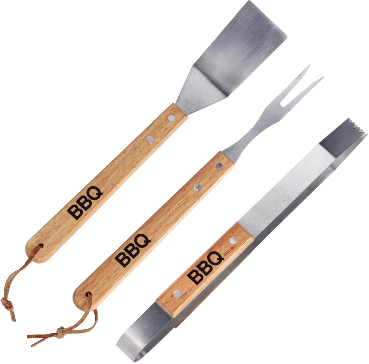 BBQ gereedschap, hefspatel, vorkle, gietijzer?, houten handvat