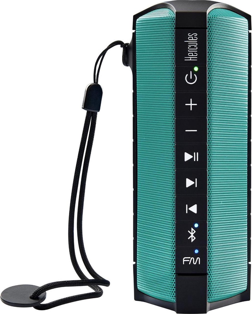 bluetooth speaker, portable speaker, teal speaker, lanyard, controls panel