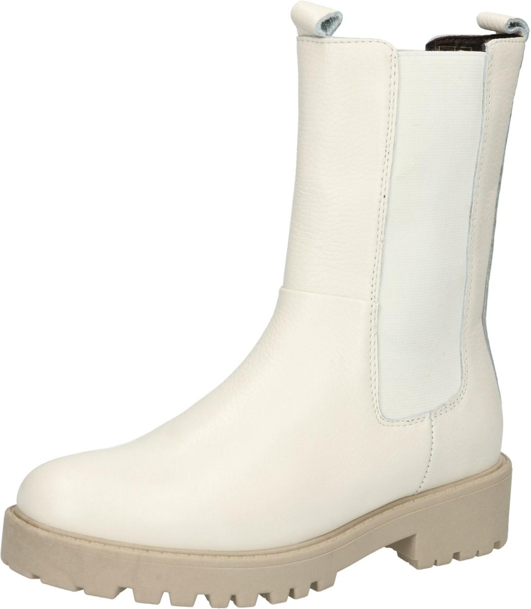 PS Poelman  - Maat 39 - Dames - BOND Leren Chunky Chelsea Enkellaarzen- Wit Crème