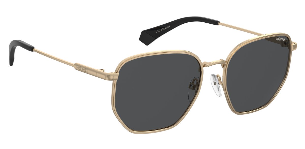 zonnescherm, zonnebril, metalen frame, goudkleur, donkere glazen