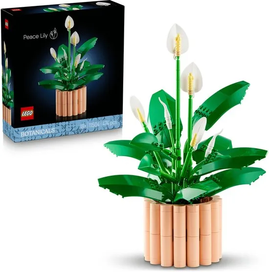 legoblok, botanical, peace lily, groene bladeren, witte bloemen