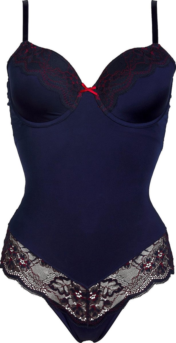 bodysuit, lingerie, lace, navy, red-accent