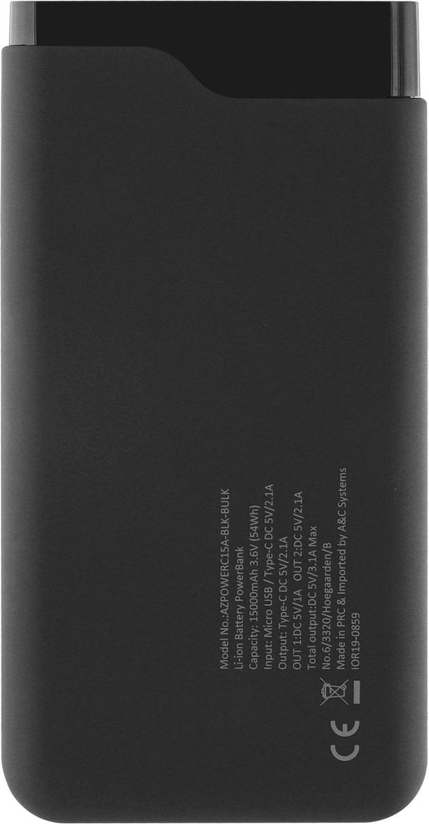 Azuri powerbank met 1 USB-A en 1 USB-C poort - 15000 mAh - Zwart