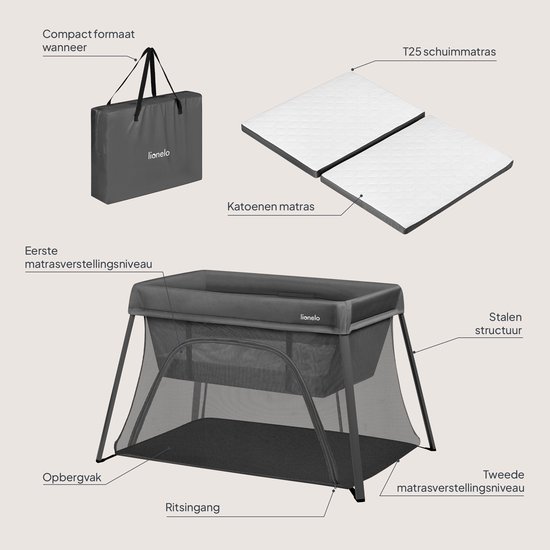 Lionelo Alice – 3 in 1 Babybedje, Box en Reisbedje –Campingbed - Matras met T25-schuim
