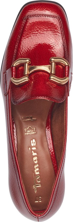 red shoe, leather loafer, gold buckle, slip-on, women's shoe