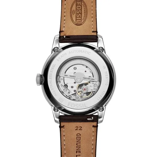 watch, automatic, stainless steel, brown leather, transparent caseback