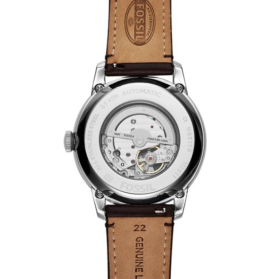 watch, automatic, stainless steel, brown leather, transparent caseback