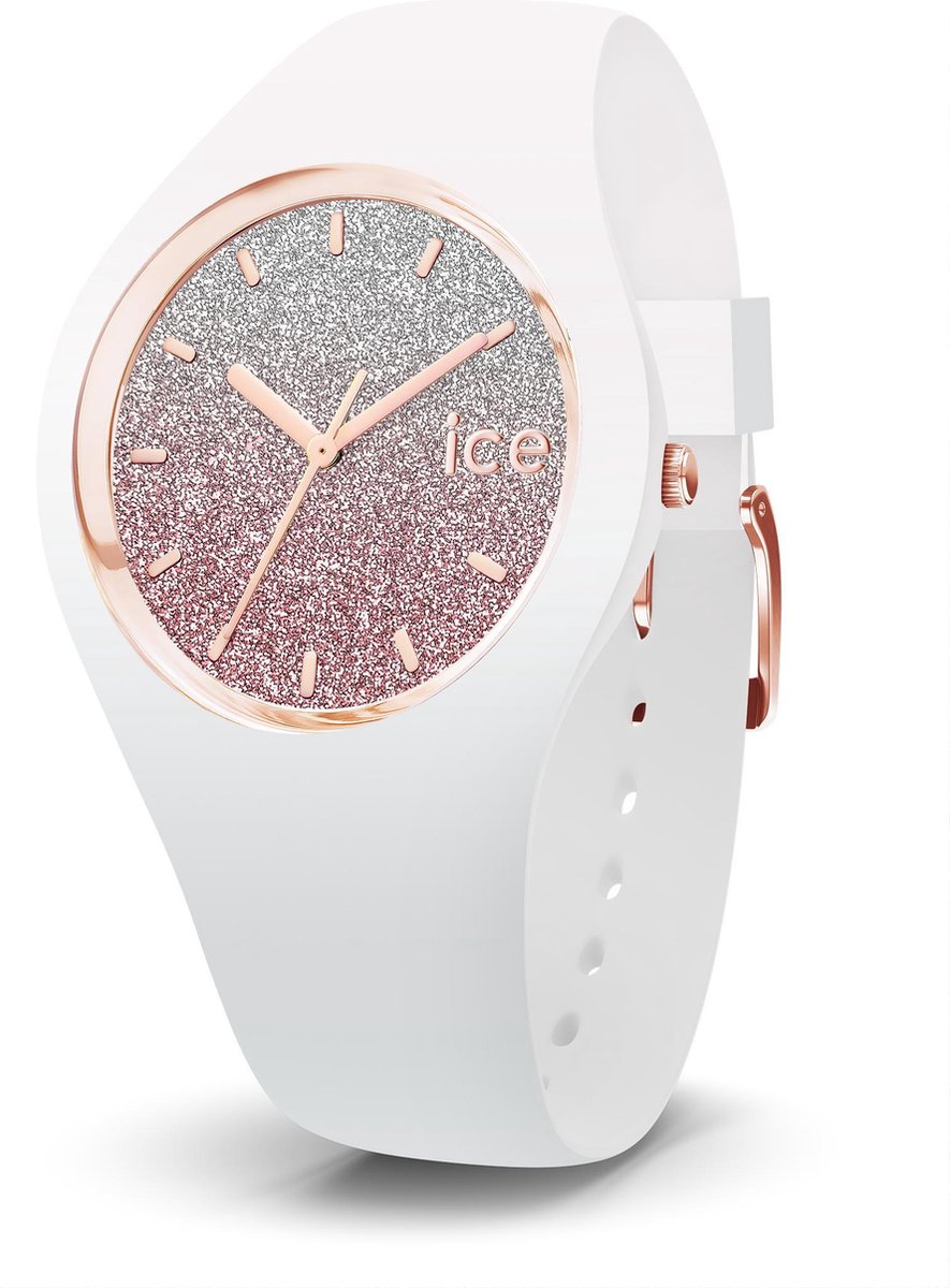 watch, glitter dial, white strap, rose gold, analog