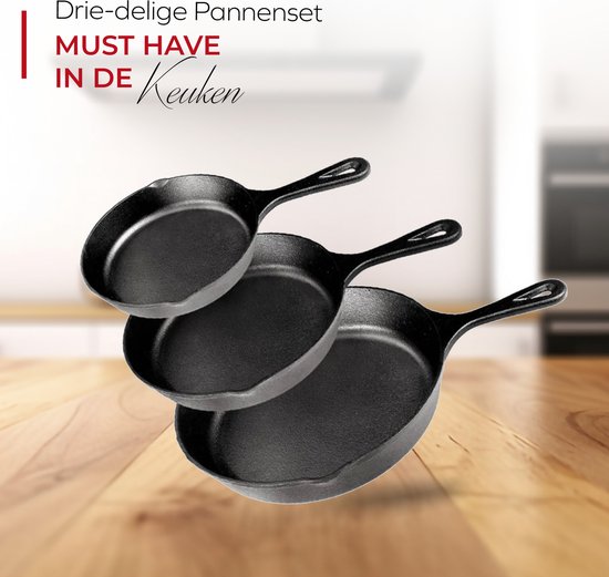 Gietijzeren Pannenset - 3-Delige Skillet Braadpan Set - Geschikt voor Alle Warmtebronnen - Pannenset