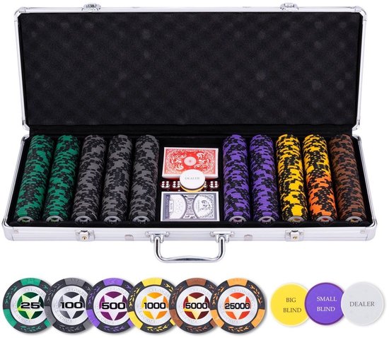 Pokerset 500 Chips 14 gram - Chips met Waarde (High Stake) - Speelkaarten, Dealer Button & Dobbelstenen - Engelhart