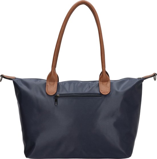 tote, tas, navy, ritssluiting, bruine-riem