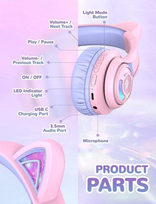 draadloze junior koptelefoon - met katten oortjes - volumebegrenzing - RGB led lights - microfoon -
