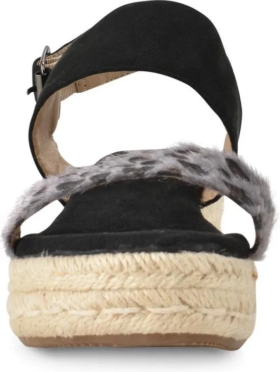 PS Poelman - Maat 40 - Dames Sandalen met Espadrille Zool - Iris - Zwart met Furry Luipaard Print