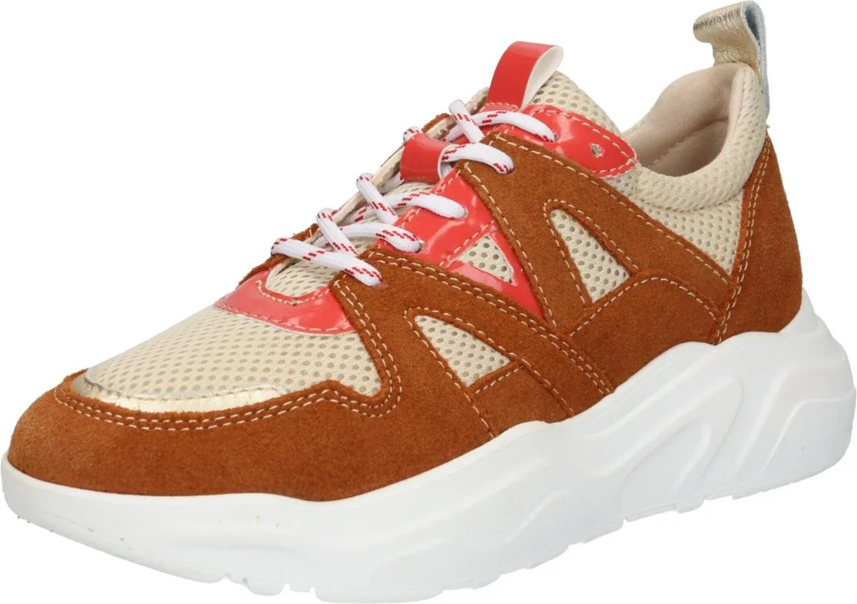 PS Poelman Year Dames - Maat 37 - Leren Chunky Runner Sneaker van Mesh en Suéde - Beige Kaki Groen