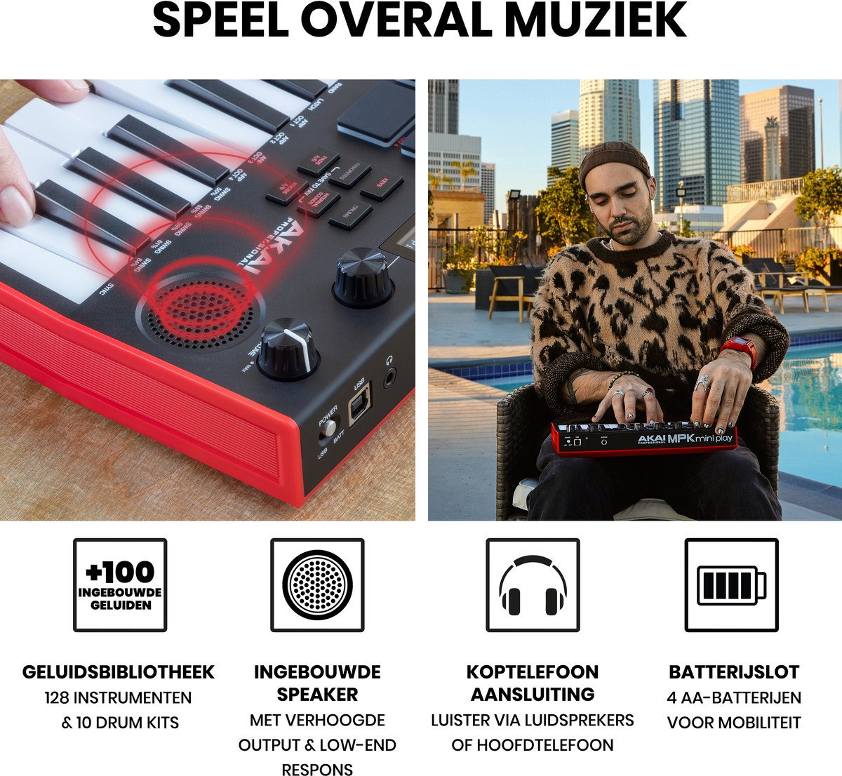drum machine, analoog toetsenbord, rode apparaat, ingebouwde luidspreker, microfoon aansluiting