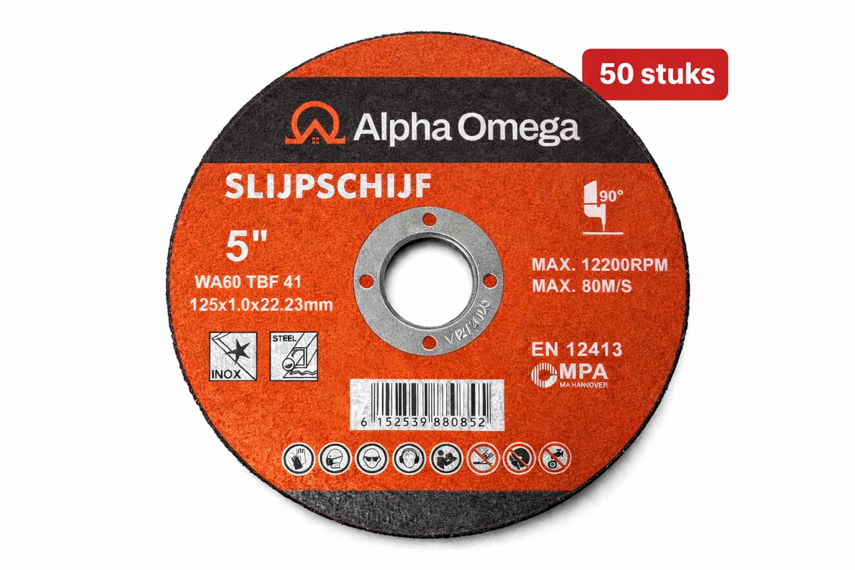 slijpschijf, 5" schijf, diamant?, rood/oranje label, max 12200rpm