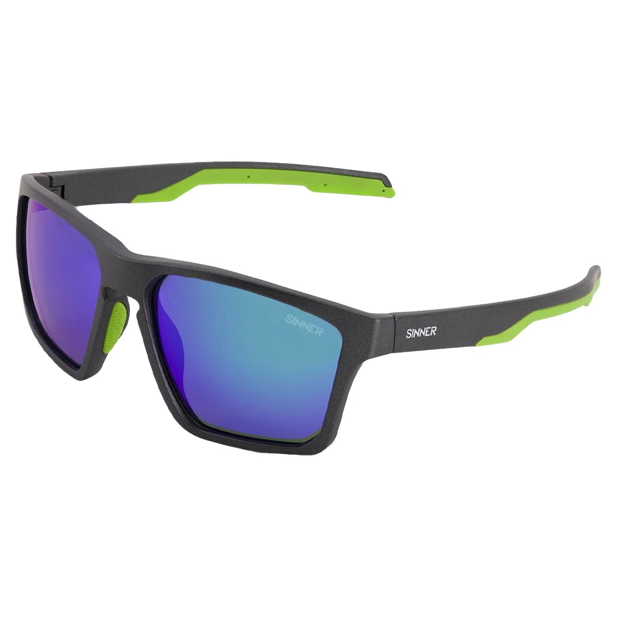 zonnebril, sportbril, groene accenten, paarse spiegelglazen,  PVC?