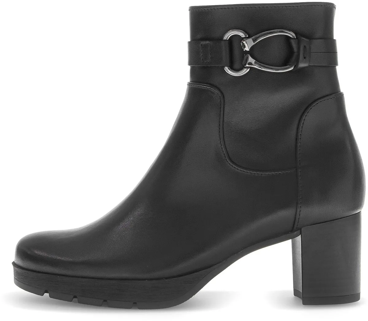 boot, ankle boot, zwart, blokhak, gespselde band
