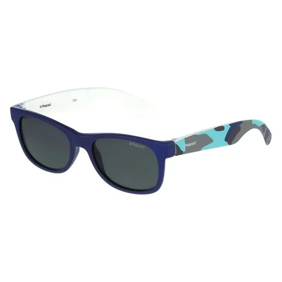 zonnebril, polaroid, donkergrijze lenzen, blauw montuur, camouflage pootje