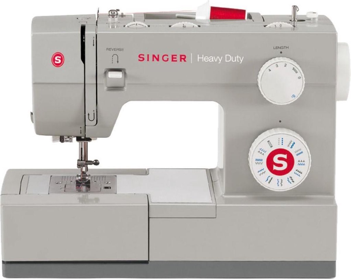 naaimachine, heavy duty, grijs, draadhouder, instelwiel