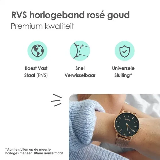 Rosé Goud Unisex Verwisselbaar Horlogebandje van Gewoven Staal — 18 mm aanzetmaat — Rosé Gouden Horl