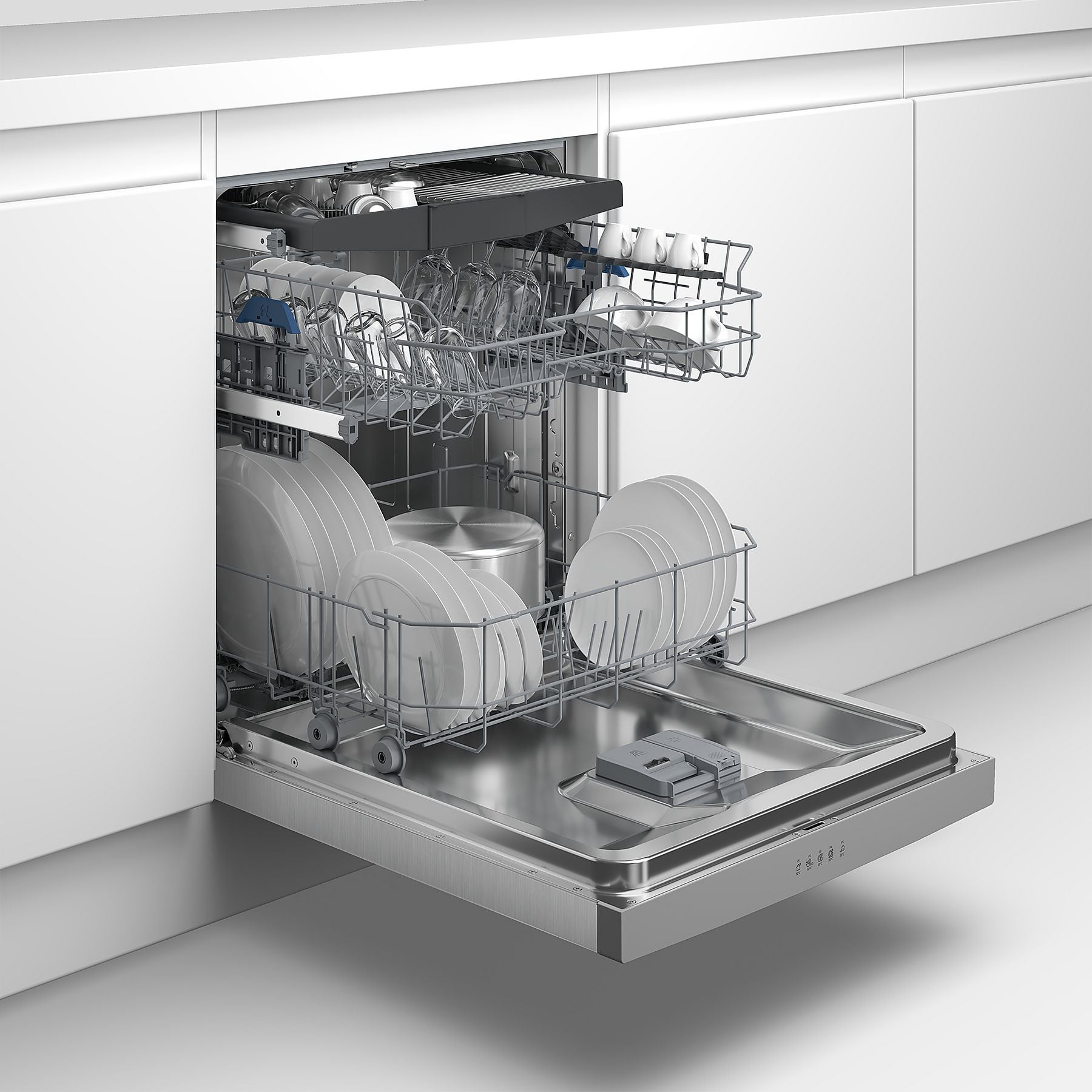 volledig automatische vaatwasser, vaatwasser open, roestvrij staal, borden en bestek, shallow loading rack