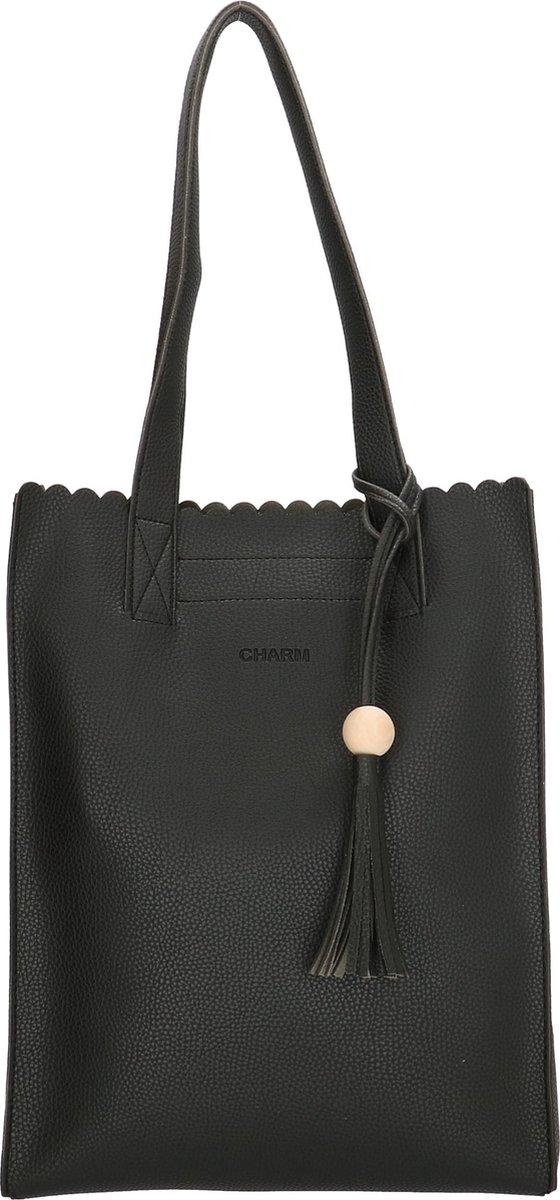tote, handtas, leder, zwart, tassel