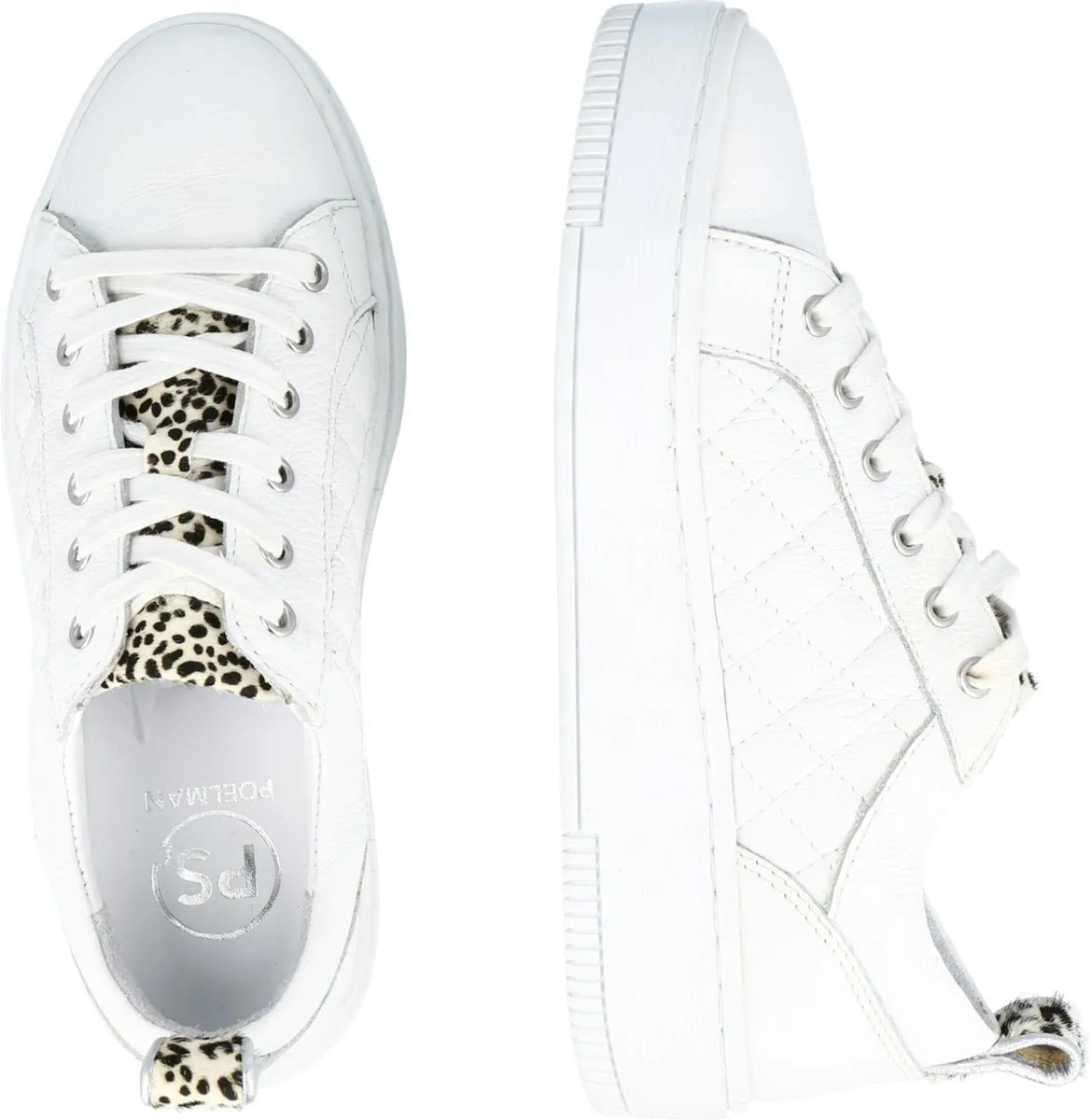 PS Poelman - maat 40- Esquimo Dames Quilted Leren Tennis Sneakers met Leopard Print - Wit