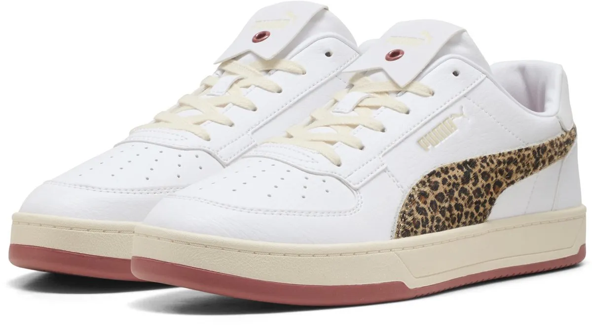 sneakers, leer, wit, luipaardprint, laag-schoen