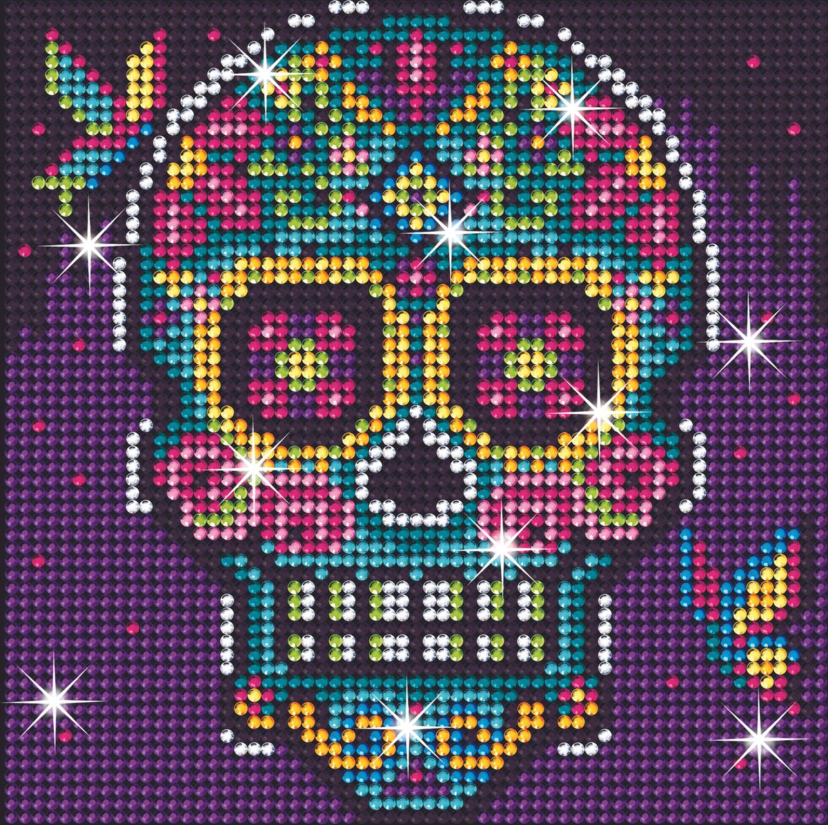 sugar skull, paillettes, dots, glitter, fond violet