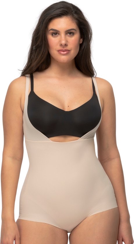 bodysuit, shapewear, beige, black-bra, strapless? no