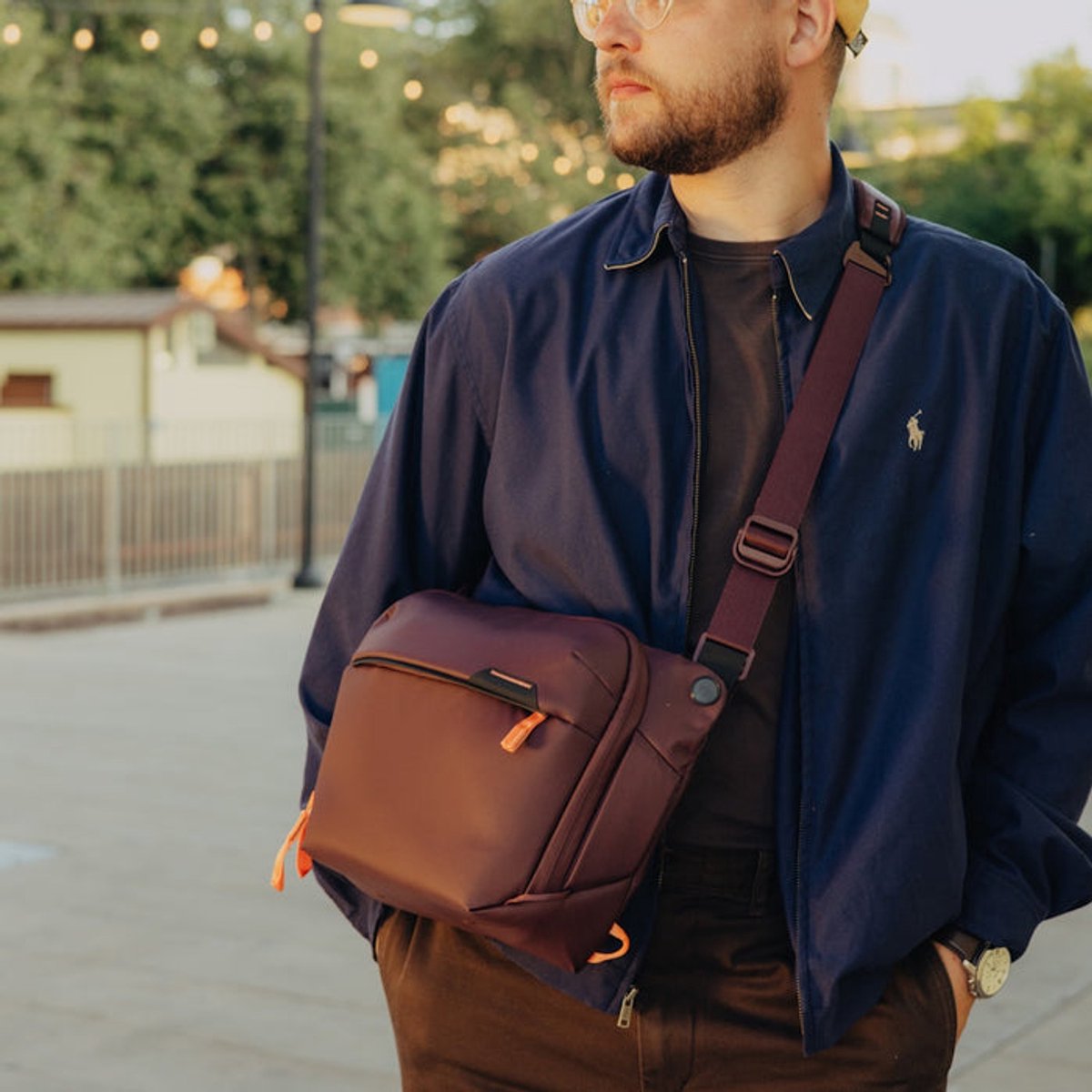 man, crossbody bag, brown bag, shoulder bag, streetwear