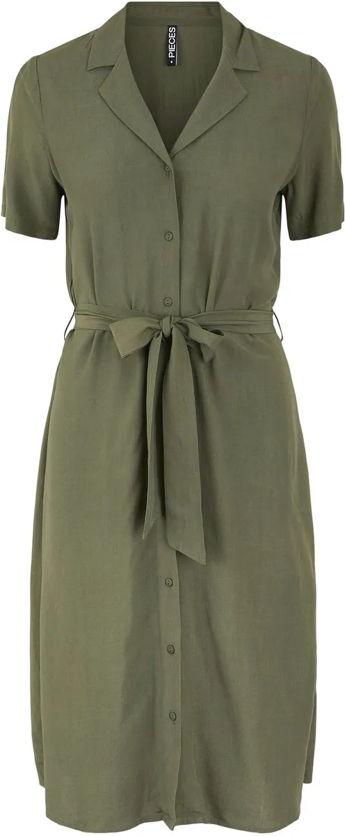 jurk, korte mouwen, knopen, riem, militaire groen
